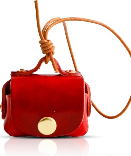 Vintage Leather Earbuds Case & Ornament – Handmade Retro Coin Pouch Style with Bronze Button & Lanyard (Red)